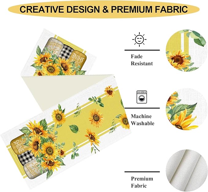 Sunflower Table Runner, Watercolor Yellow Floral Vase Spring Sunshine Summer Farmhouse Rustic Coffee Table Center Decor for Home Kitchen Dining Patio Indoor Outdoor Table Decorations, 13"x36" Inch