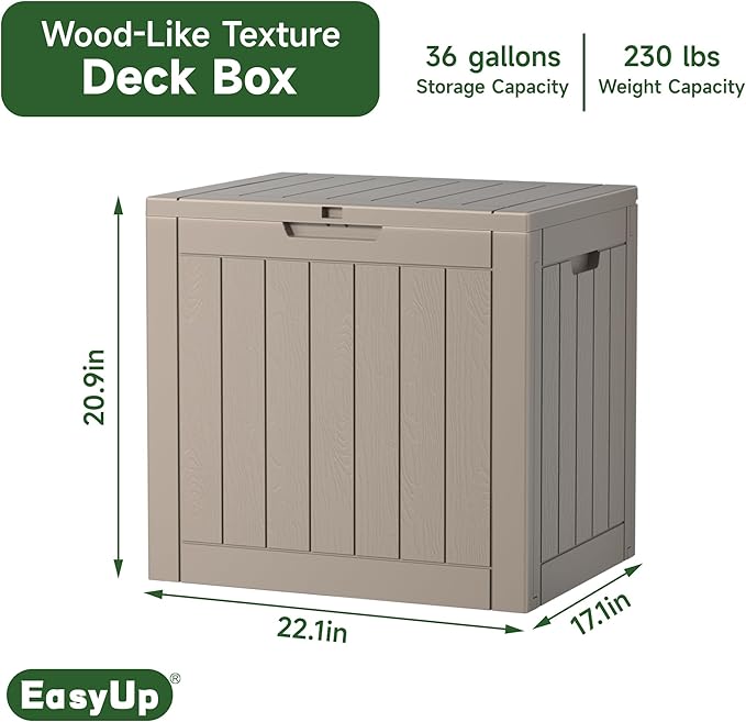 EasyUp 36 Gallon Outdoor Storage Box Waterproof, Resin Outdoor Deck Box, Lockable Deck Boxes for Garden Tools Equipment and Cushions (Gray)