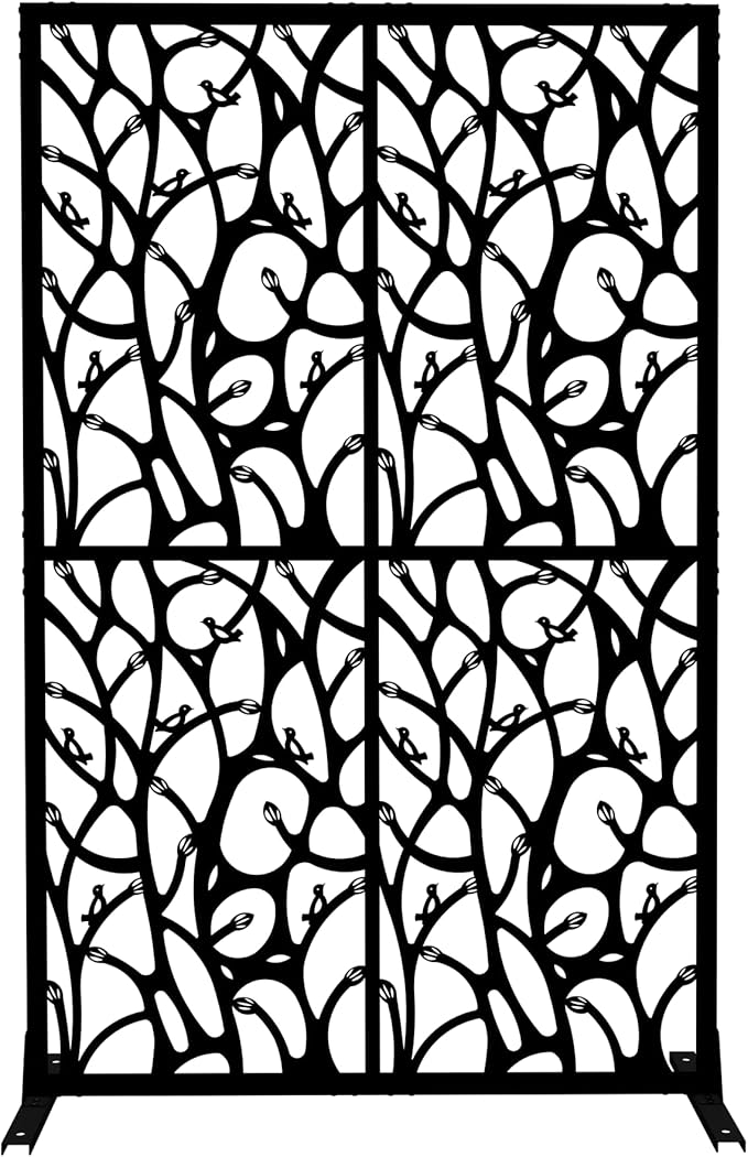 Metal Privacy Screen Room Divider 72" H x 45.3" W, Free Standing Decorative Panel with Bird Design for Indoor Outdoor Use, Black Iron Partition for Patio Balcony Garden (Bird Black)
