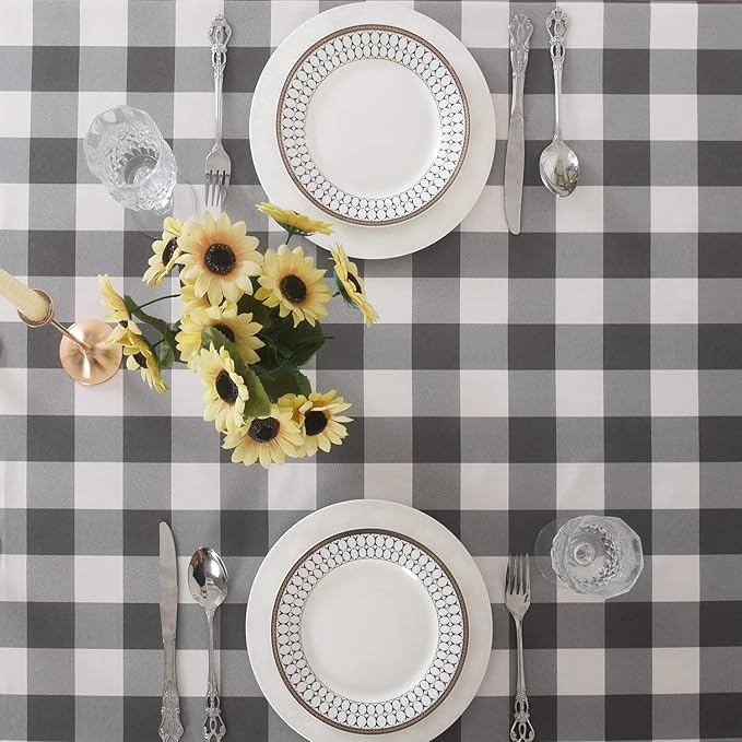 Cupuamon 2 Pack Waterproof Polyester Fabic Rectangle Checkered Tablecloth，60x84 Outdoor Table Cloth，Oil Stain Prevention Table Cloth for Pinics and Parties（Gary and White）