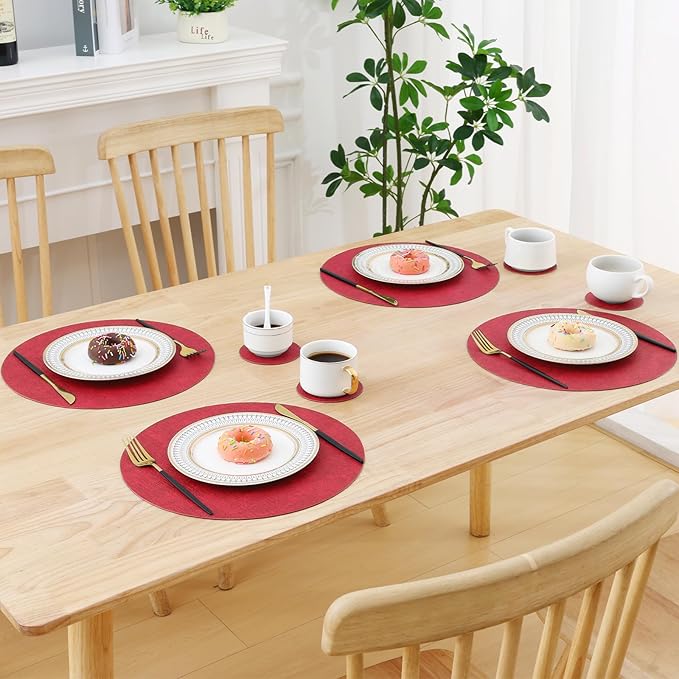 Homaxy Round Faux Leather Placemats and Coasters, Washable Dual-Side Table Mats, Wipeable Heat-Resistant Dining Place Mats for Outdoor and Indoor, Set of 4, Diameter 13 and 3.93 inch, Red