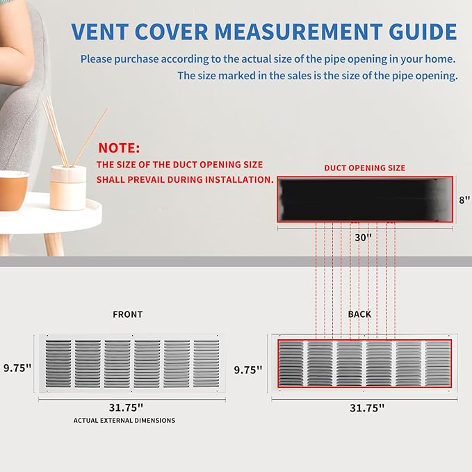 30 x 8 Return Air Grille (Duct Opening Size), Air Return Vent Cover, AC Vent Cover, Cold Air Return Vent Cover, Flat Return Air Grilles, Outer Dimensions:31.75"W x 9.75"H (30"W x 8"H, Duct Opening)