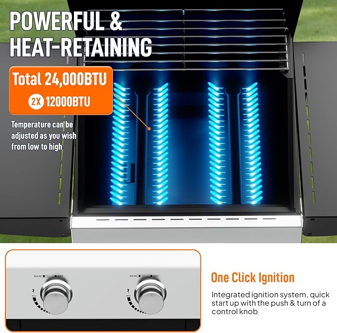 ROVSUN 2-Burner Propane Gas BBQ Grill with Foldable Side Tables & Enameled Cast Iron Grates, 24,000 BTU Barbecue Grill with Portable Wheels for Outdoor Patio Backyard Cooking Grilling, Black