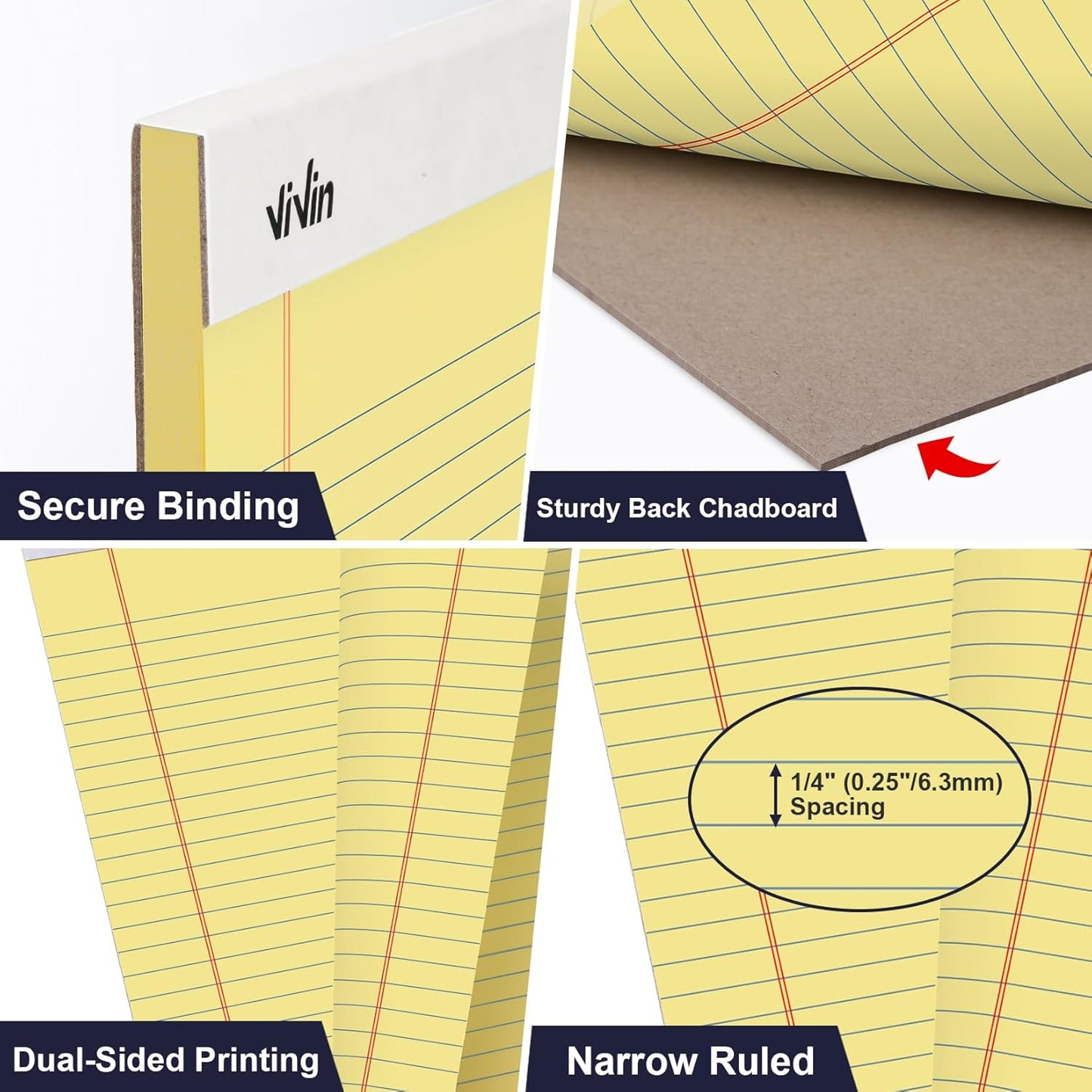 ViVin 5 x 8 Inch Legal Pads, 12 Pack, Narrow Ruled, 50 Sheets Per Writing Pad, Perforated Note Pads Ideal for Home, Office, Business, 600 Sheets, Canary Yellow Paper
