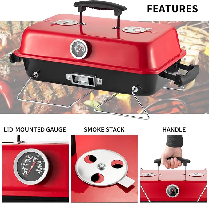Portable Charcoal Grill, Tabletop Outdoor Barbecue Smoker, Small BBQ Grill for Outdoor Cooking Backyard Camping Picnics Beach,BLACK