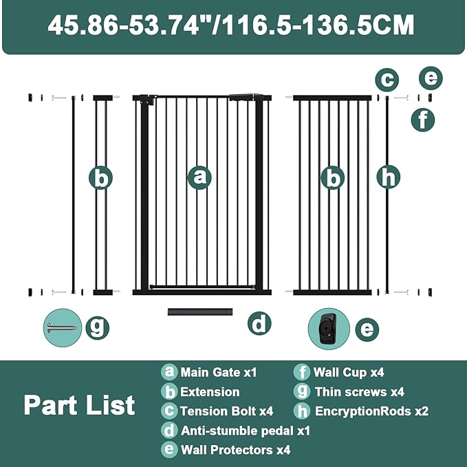 40.55" Tall 1.37" Ultra Narrow Spacing Dogs Pets Baby Gate for Doorway Safety Proof Indoor 53.74-61.61" Extra Wide Puppy Pressure Mounted No Drill Walk Through Black Metal Hallway