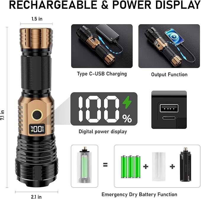 Flashlights High Lumens Rechargeable, LED Super Bright Flash Light Long Beam, Zoomable Linternas with LCD Digital Display, 5 Mode, Waterproof, Powerful Tactical Flashlight for Emergencies Camping Gift