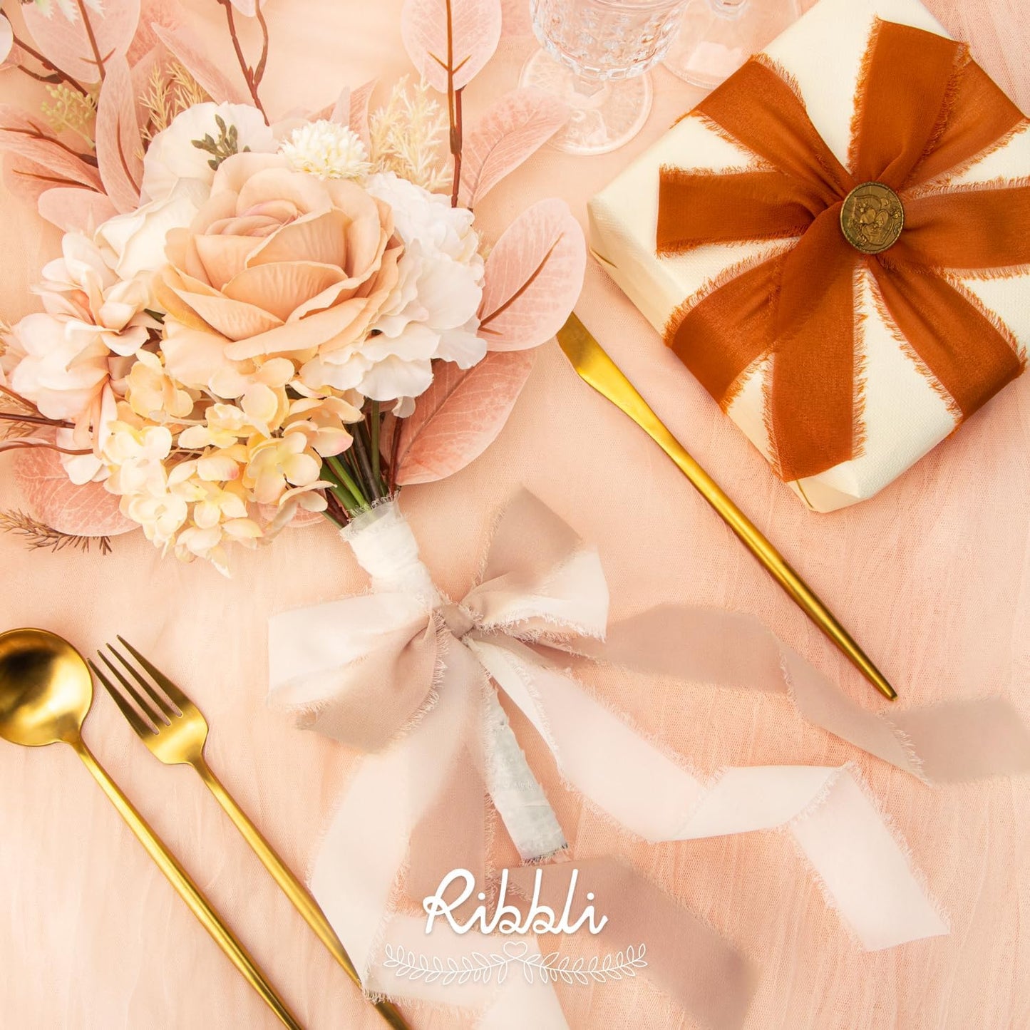 Ribbli Fall Chiffon Ribbon 1.5 inch x 30 Yard Handmade Silk, Cream/Beige/Terracotta Fringe Chiffon Ribbon for Wedding Invitations, Bridal Bouquets Wrapping, Flower Arrangement Decoration