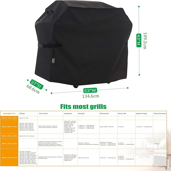 F&J Outdoors Grill Cover, Waterproof Anti-UV for 3Burner Liquid Propane Gas BBQ,53Wx27Dx43H in,Black