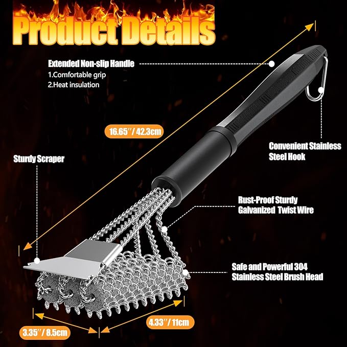 HOUSE AGAIN Grill Brush and Scraper Bristle Free, 304 Stainless Steel Brush Head Non Metal Bristles, Safe Steam Outdoor Grill Cleaning BBQ Grill Accessories for Smoker/Porcelain/Weber Gas/Charcoal