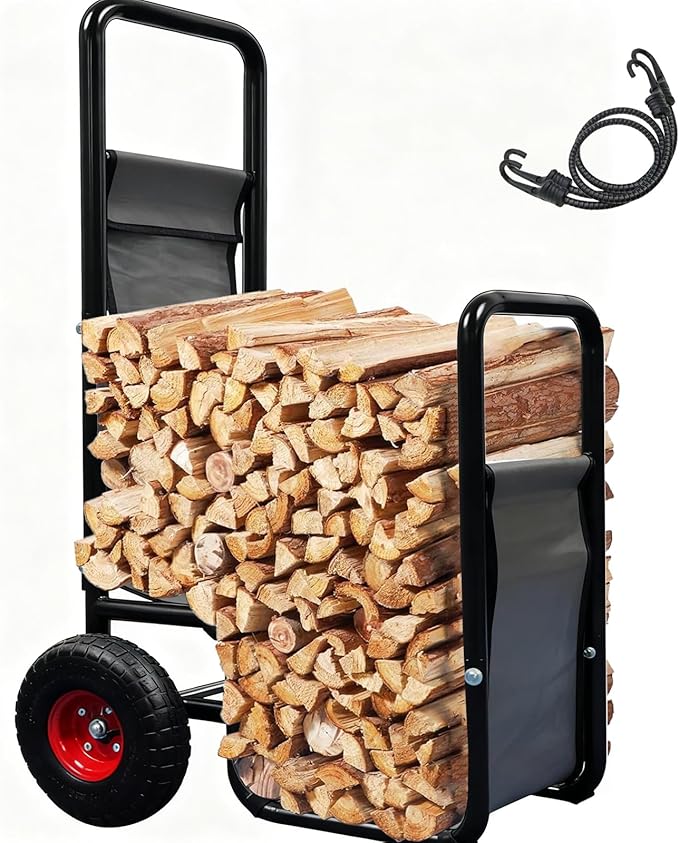 Kapler Firewood Cart with Wheels - Heavy Duty Steel Dolly Hauler - 250 LB Capacity & 600D Oxford Cloth for Indoor Outdoor Fireplace Fire Pit Use