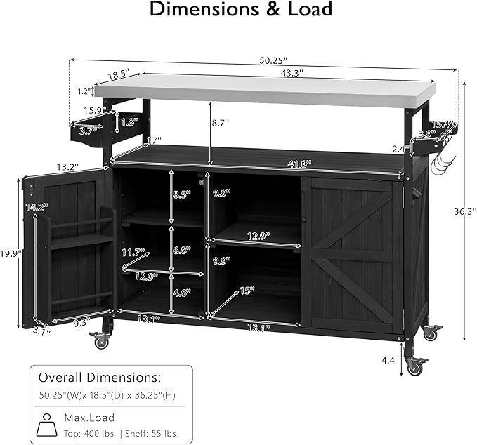 50.25" Grill Cart with Stainless Steel Tabletop - Outdoor Storage Cabinet for BBQ, Bar Patio Kitchen Island with Ample Storage and Lockable Wheels