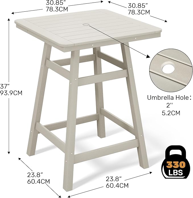 Costaelm Outdoor Bar Table, 37" Counter Height Square Patio Cocktail Bar Table with Umbrella Hole, Patio Bistro Dining Pub Table for Front Porch Deck Backyard Garden, Sand