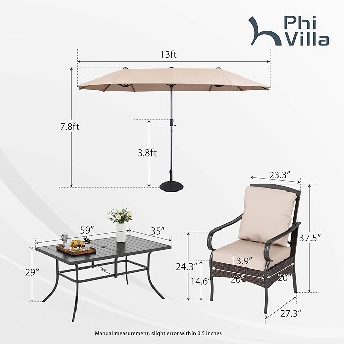 PHI VILLA Outdoor Dining Set for 6, All-Weather Patio Table and Chairs Set for 6 with Umbrella, Heavy Duty Rectangle Patio Table Set for Deck, 6 Large Outdoor Stationary Dining Chairs with Cushions