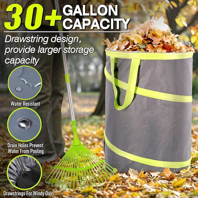 Resuable Leaf Bag 2 Pack, Collapsible Trash Can for Camping, Garden Waste Bag Pop Up, 120L Large Yard Waste Container with Drain Holes and Drawstrings for Windy Days
