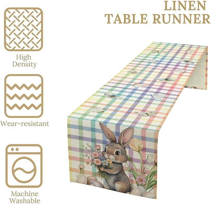 Happy Easter Table Runner,Rustic Watercolor Bunny Flowers Butterflies Eggs Seasonal Table Center Decor for Family Kitchen and Living Room Outdoor Farmhouse Party Table Decorations, 13"x108"