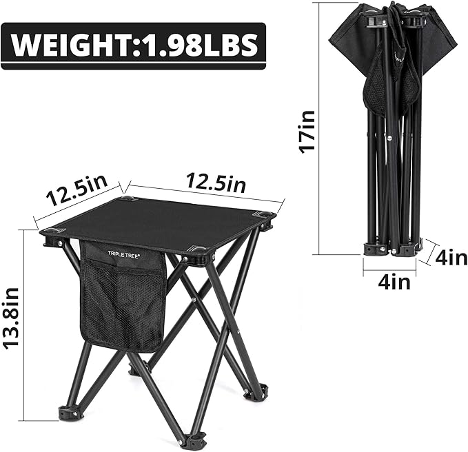 Triple Tree 2 Pack Folding Camping Stool, 13.8 Inch Small Portable Lightweight Stool with Side Pocket, Foot Stool with Carry Bag for Hiking, Fishing and Beach, Hold up to 400lbs, Black