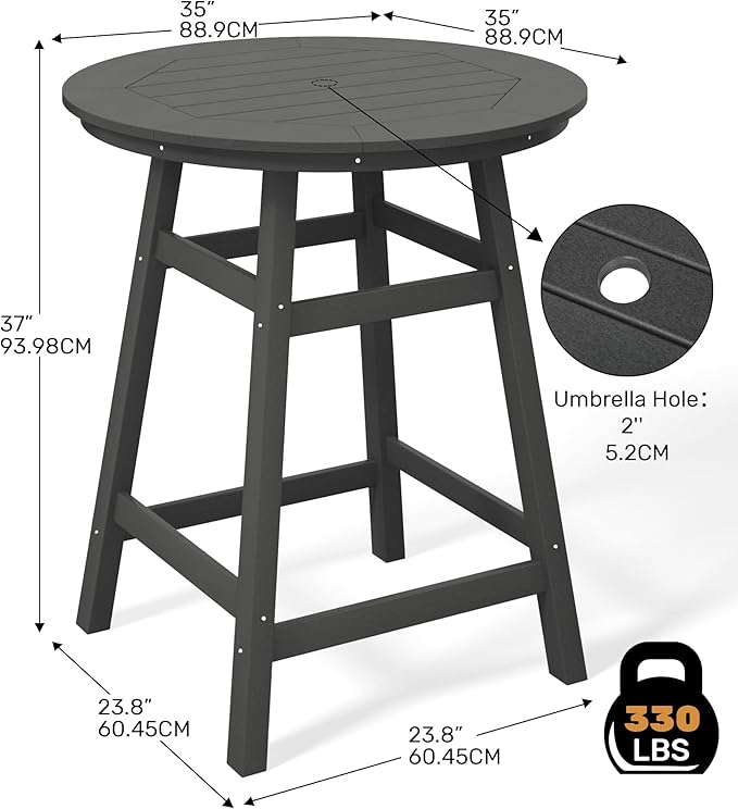 Costaelm Patio Bistro Table, 37" Counter Height Round Patio Cocktail Bar Table with Umbrella Hole, Outdoor Bistro Dining Pub Table for Front Porch Deck Backyard Garden, Gray