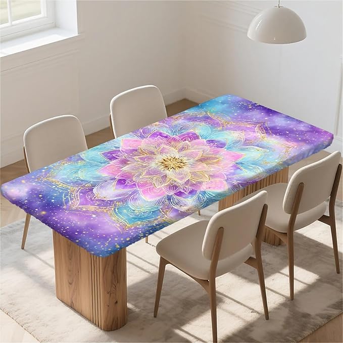 Rectangle Table Cloth Cover Waterproof Elastic Fitted Polyester Fitted Tablecloths for 6 Foot Tables for Indoor,Picnic, Camping, Outdoor （60" x 30"，Datura）