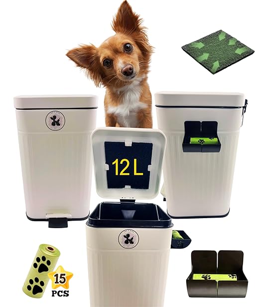 Dog Poop Trash Can (White) Outdoor Activated Carbon Filter Odor Control, 3.2 Gallon (12Lt) with Slow Soft Close Lid, All Weather Resistant Poop Disposal Bin for Pet Waste Backyard Station.