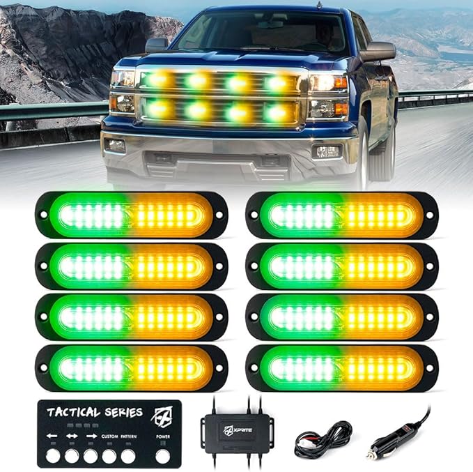 Xprite Amber Green LED Surface Mount Strobe Lights Kit, w/Control Panel Emergency Safety Warning Flashing Grille Cop Marker Light Assembly for Vehicles Trucks ATV UTV Motorcycle 8PCS