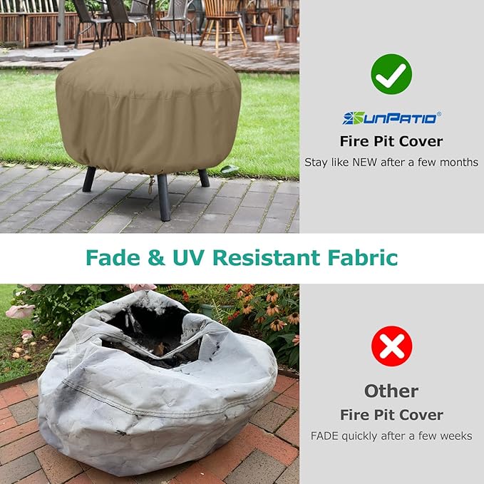 SunPatio Outdoor Round Fire Pit Cover 32 inch, Heavy Duty Waterproof Fire Pit Bowl Cover with Drawstring, All Weather Protection, 32" Dia x 14" H, Taupe