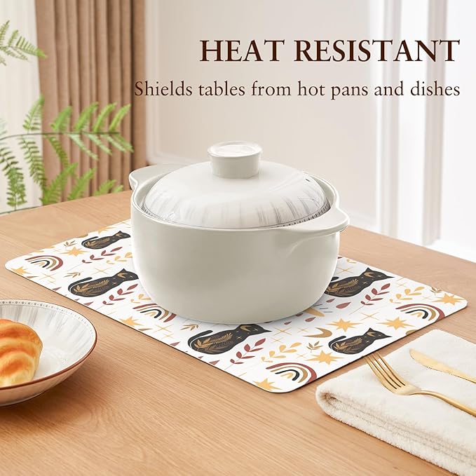 QIYI Placemats Set of 6, 12x18 Inch Faux Leather Place Mats for Kitchen Dinning, Heat Resistant Anti Slip Folk Table Mats, Waterproof Wipeable Washable Placemat Party Table Décor, Boho Black Cats