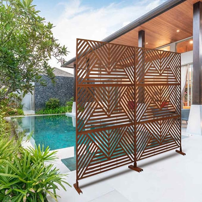 Outdoor Privacy Screen with Geometric Design – Metal Decorative Panel, Freestanding Partition, Weather-Resistant, 76"x48" for Garden, Patio, Balcony, and Yard, Rust Red