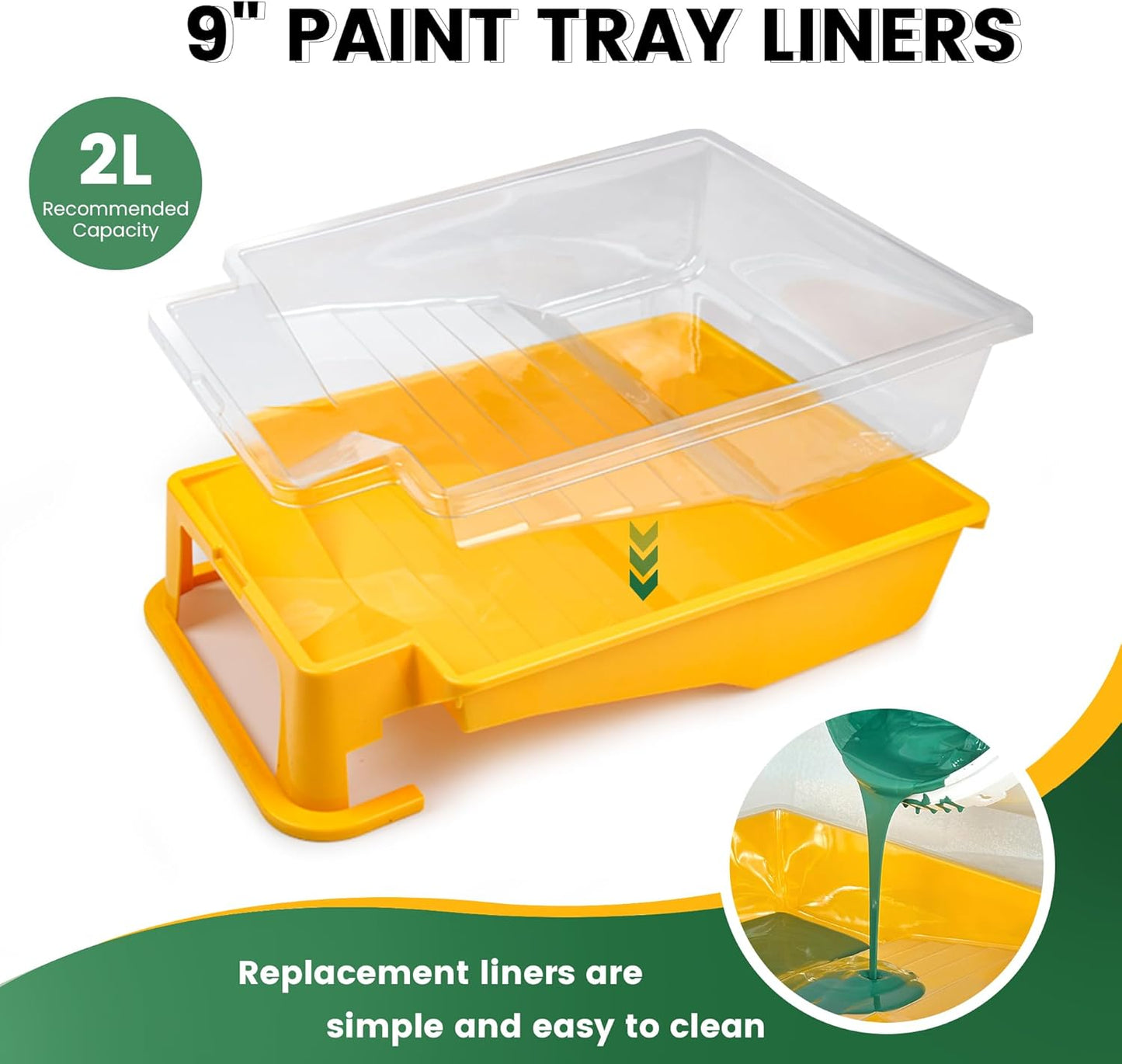 VOOMEY 9 Inch Foot-Operated Paint Tray，Paint Roller Frame,12 Pcs Paint Tray Liner with 4 Set Paint Roller Trays，House Painting Supplies