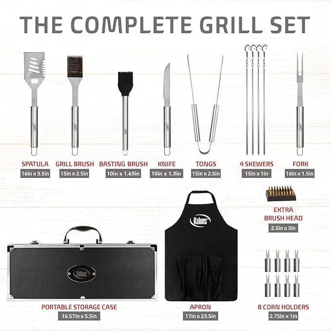 Kaluns Grilling Accessories, Gifts for Men Christmas Grilling Gifts for Dad, Heavy Duty Stainless Steel BBQ Grill Tools Set for Outdoor Grill with Aluminum Case and Apron, Birthday Gifts for Men Dad