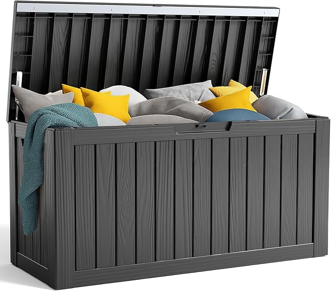 90 Gallon Resin Deck Box, Lockable Patio Outdoor Storage Box for Furniture, Garden Tools and Tools Storage, Waterproof Outside Storage Box - Black