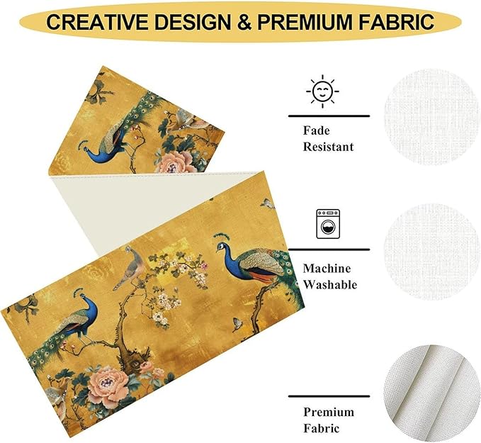 Peacock Table Runner,Golden Vintage Asian Chinese Style Peony Floral Branch Table Center Decor for Family Kitchen and Living Room Outdoor Farmhouse Party Table Decorations, 13"x36"