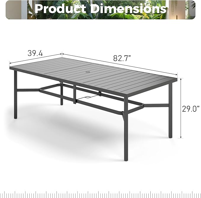 Outdoor Patio Dining Table for 8, 83" x 39" Rectangular Metal Patio Dining Table with 1.7" Umbrella Hole, All Weather Wrought Iron Black Outdoor Table for Garden, Backyard and Porch