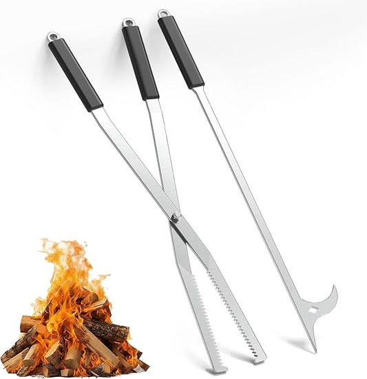 Tredre Fire Tongs and Fire Poker Set, Stainless Steel Fire Pit Tools for Outside, Heavy Duty Fireplace Tongs Log Grabber for Campfire, Wood Stove, Rust-Resistant Firewood Tong Set