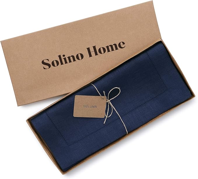Solino Home Linen Navy Blue Table Runner 120 Inches Long - 100% Pure Linen Hemstitch 14 x 120 Inch Table Runner for Dining, Easter - Classic Hemstitch