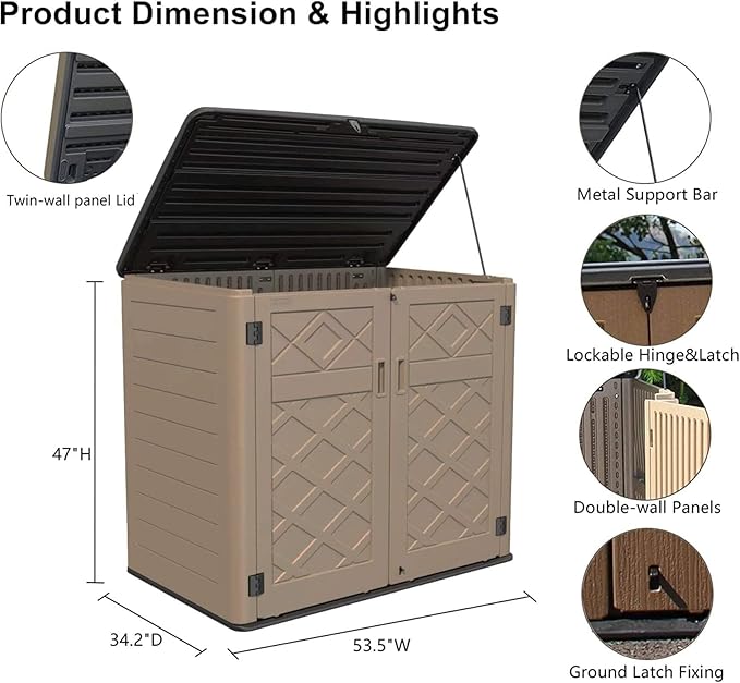 HOMSPARK Storage Shed Weather Resistance, Multi-Purpose Outdoor Storage Cabinet for Backyards and Patios, Horizontal Storage Shed for Lawnmower, Patio Accessories (Coffee,Large - 48 cu.ft)