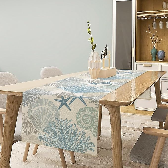 Blue Teal Coral Table Runners, Summer Beach Starfish Coastal Coffee Table Runners for Wedding Party Banquet Dining Holiday 13x108in