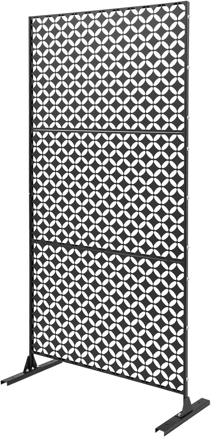 Outdoor Metal Privacy Screen with Stand, 35.4" W x 75" H Freestanding Metal Slatted Decorative Privacy Screen and Panels for Patio Garden Balcony Porch (Black Star)