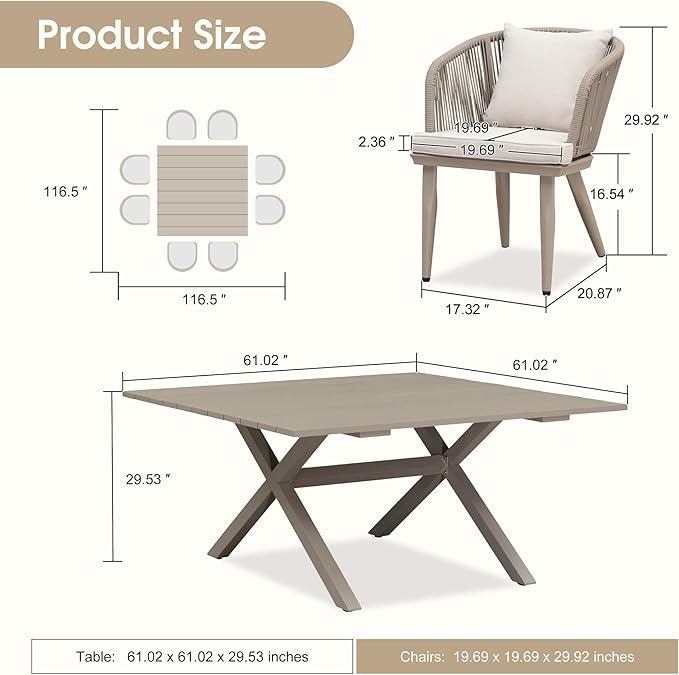 PURPLE LEAF 9 Pieces Outdoor Metal Furniture Set Patio Conversation Sets Dining Set, 1 Square Dining Table and 8 Modern Chairs with Cushions Seat Champagne