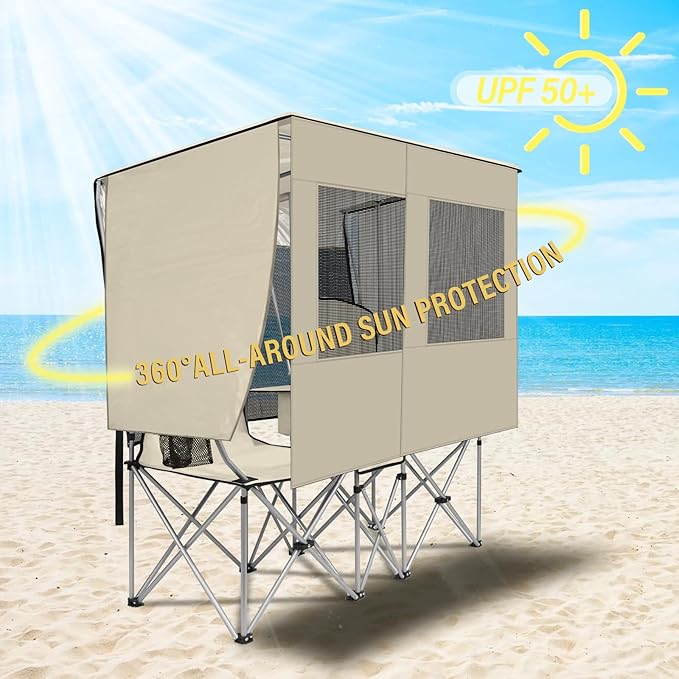 BESTHLS Double Camping Chair with Canopy Shade - Heavy Duty 600D Outdoor Loveseat for Adults, 2-Person Beach Chair with Umbrella, Folding Camp Loveseat for Fishing, Sports, Patio (White)