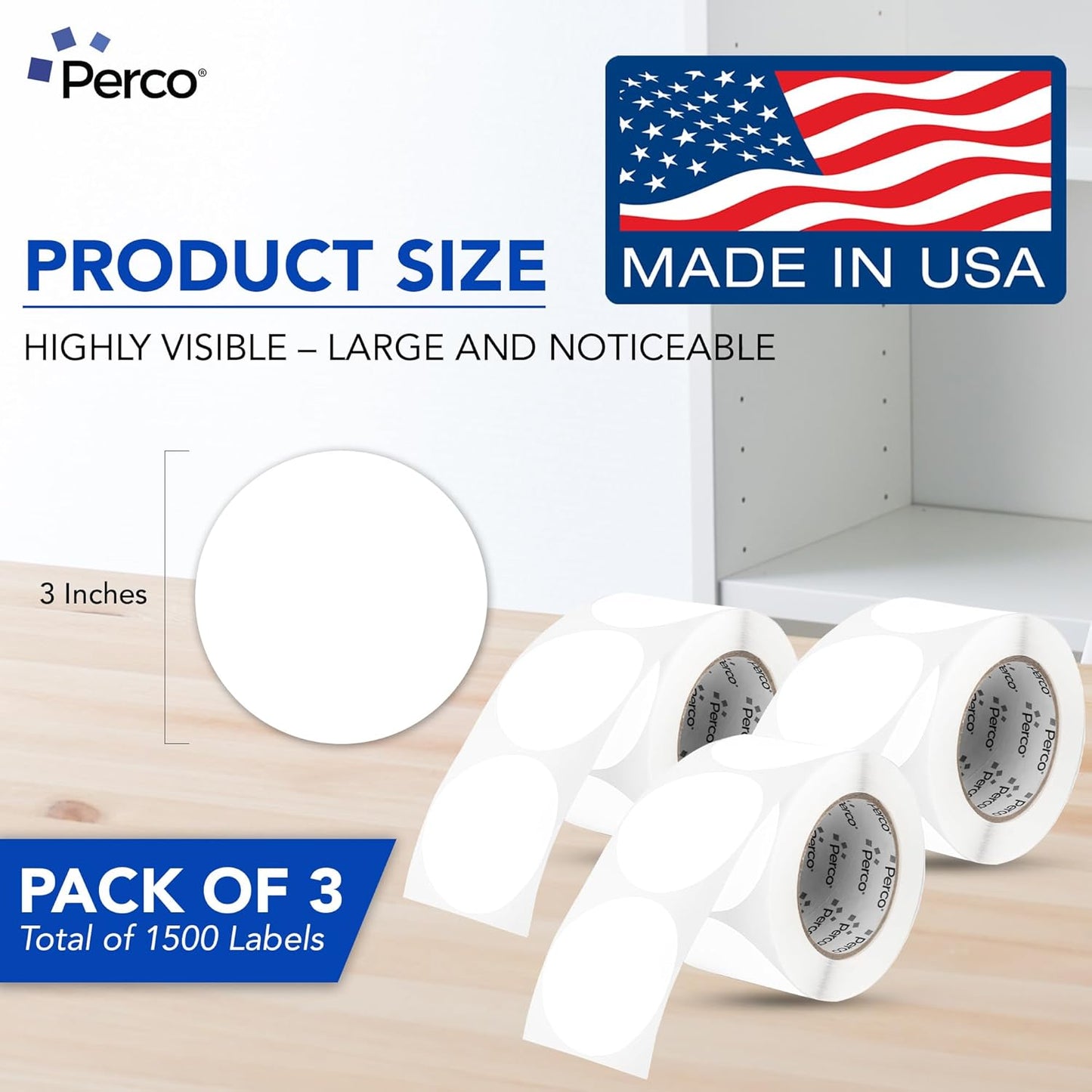 Perco White 3-Inch Round Circle Dot Sticker Labels - Multi-Roll Pack (3 Rolls, 500 Labels Each) - Permanent Adhesive, Vibrant Colors, Strong Hold - Perforated for Easy Use - Made in USA