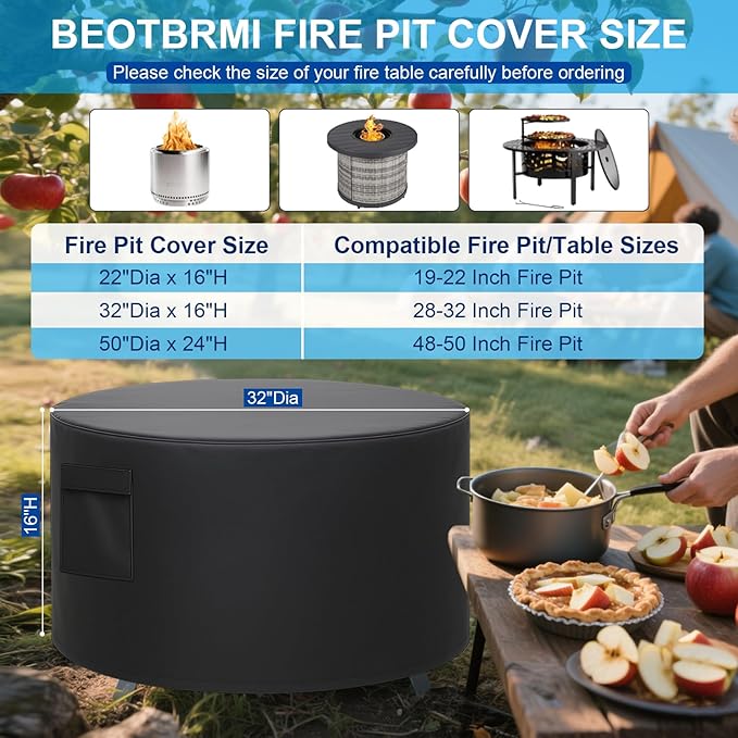 Outdoor Fire Pit Cover, All-Weather Resistance Round 32 Inch Fire Pit Cove for 28-32 inch Patio Fire Pit Table with Grill & Lid, Waterproof Tear & Fade Resistant with Drawstring, Air Vent
