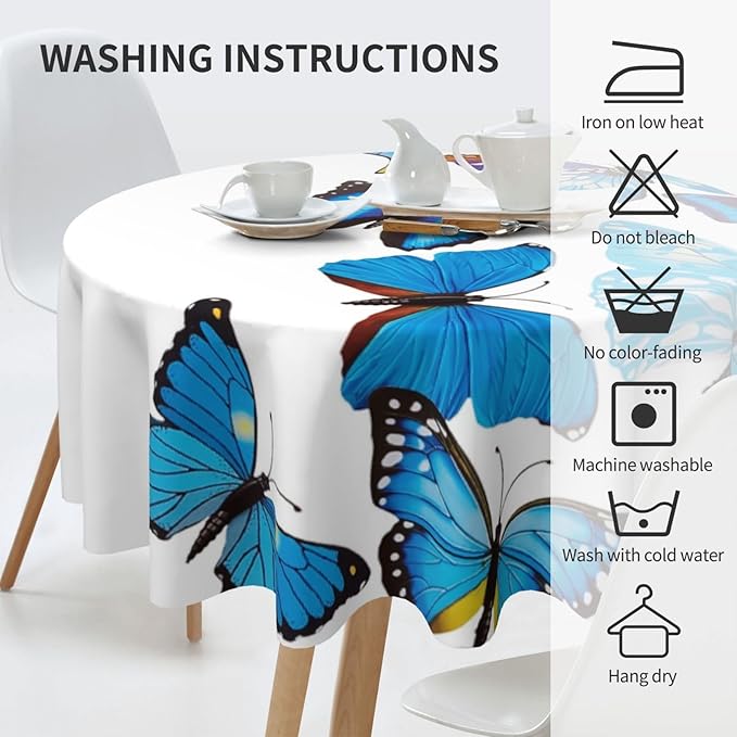 Bule Butterfly Round Tablecloth Beautiful - Butterfly Bule Tablecloth 60 Inch Waterproof Rustic Table Cloth Fabric Farmhouse Stripe Decorative for Picnic Party Holiday Home Indoor Outdoor