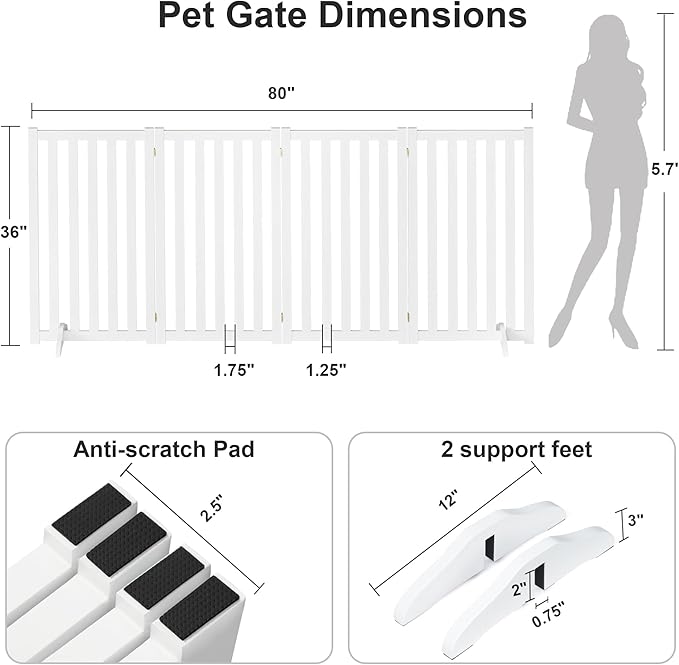 36" Height Extra Tall Freestanding Pet Gate, Solid Wood Folding Safety Fence Wooden Dog Gate with 2 PCs Support Feet Ideal for Stairs, Doorways, Halls, Kitchens, Heavy Duty Gates, 4 Panels, White