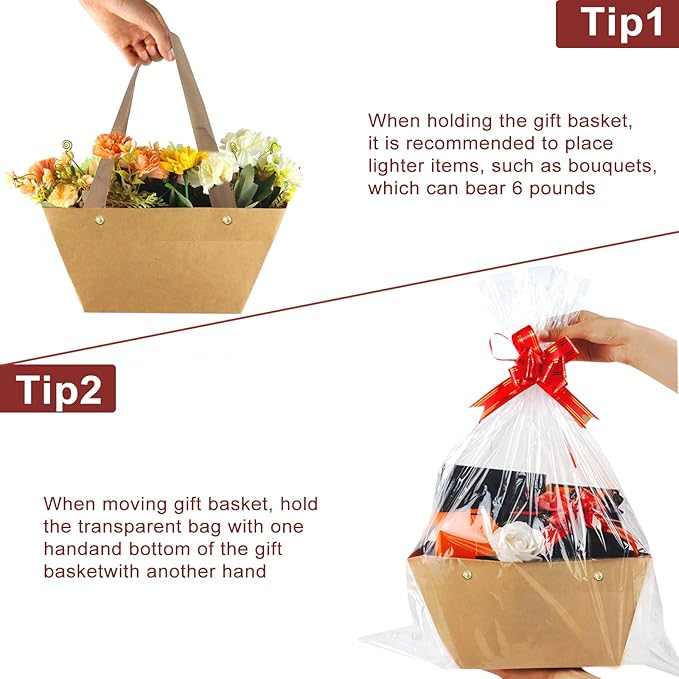 Bigger Baskets for Gifts Empty, 6 Pack Sturdy Kraft Basket With Handles Gift Basket Kit, 6 Shrink Wrap Bags, 6 Bows and Hang Tag, Empty Gift Baskets to Fill for Valentines Birthday Baby Shower