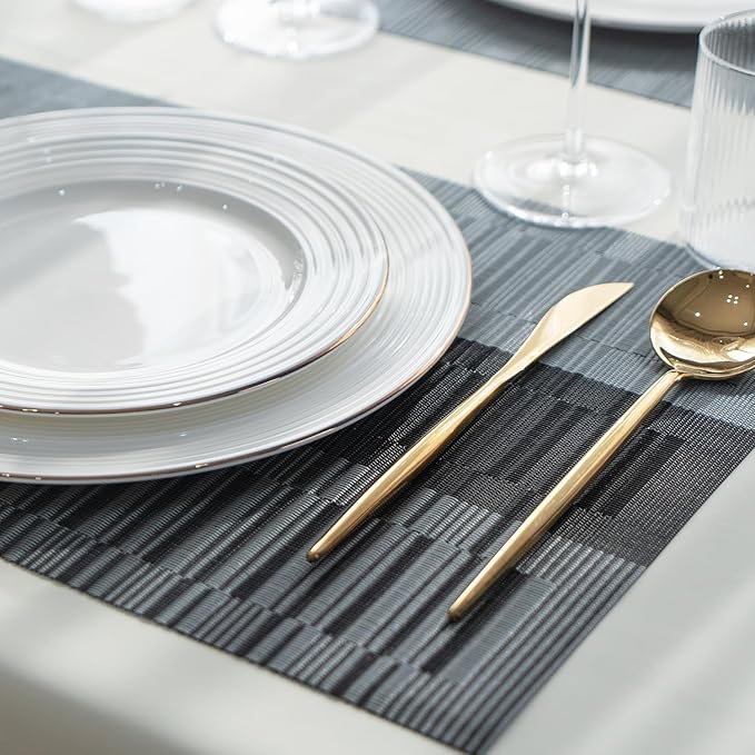 Placemats Set of 6 Vinyl/Plastic Woven Place Mats for Kitchen Table Indoor/Outdoor Washable Placemat Wipeable Dining Table Mats (Ombre Silver Grey Black,6)