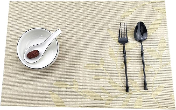 Gugrida Place Mats PVC Set of 6, Table Placemats Set of 6 PVC Washable Woven Vinyl Place Mats Heat Insulation Top Meal Mat Table Mats Natural Color (6 pcs, Yellow Leaves), Large