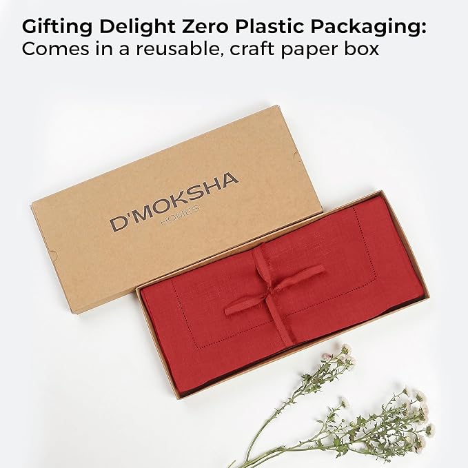D'Moksha Homes Linen Bright Red Table Runner 84 Inches Long - 100% Pure Linen Table Runner 14 x 84 Inch for Valentines, Spring, Easter - Classic Hemstitch