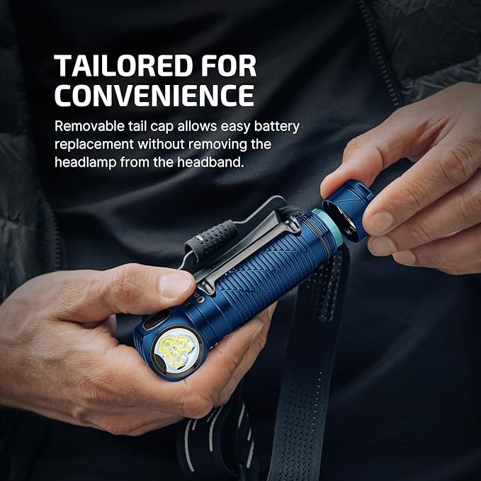 OLIGHT Perun 3 Rechargeable Headlamp Flashlight, 3000 Lumens LED Headlight with Red Light, Waterproof Head Lamp with Headband for Outdoor Camping, Hiking, Working (Midnight Blue)