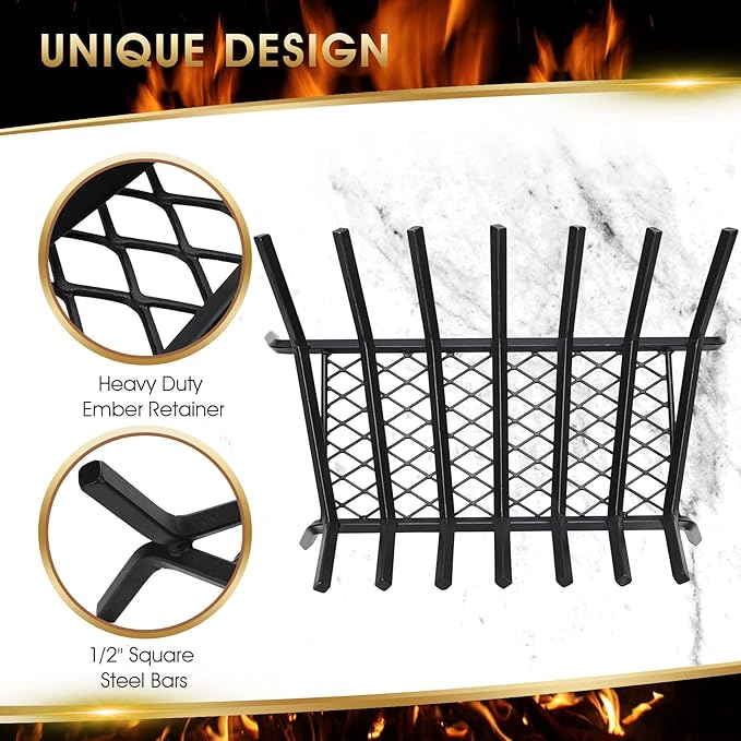 G GOOD GAIN Fireplace Grate 24" with Ember Retainer, Heavy Duty Cast Iron Indoor, Chimney Hearth Wood Stove Burning Rack Holder,1/2” Bar Fire Place Asseccories for Outdoor, Fire Pits, Camping